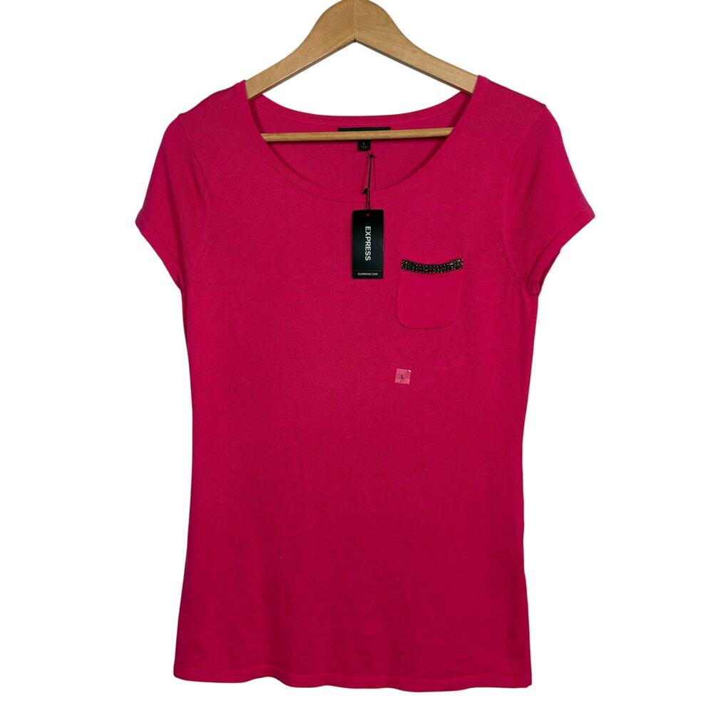 NEW! Express Ribbed Beaded Pocket Tee Hot Pink Cap Sleeve Casual - L
